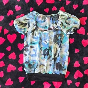 Guess Blue and Black Blouse with‎ Puff Sleeves